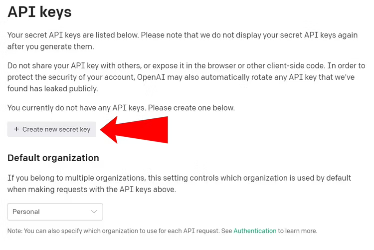 button to create new api key secret