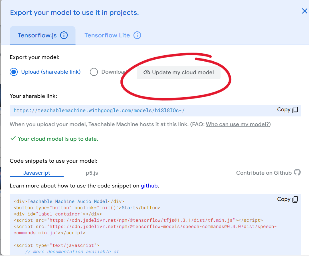 update my cloud model button